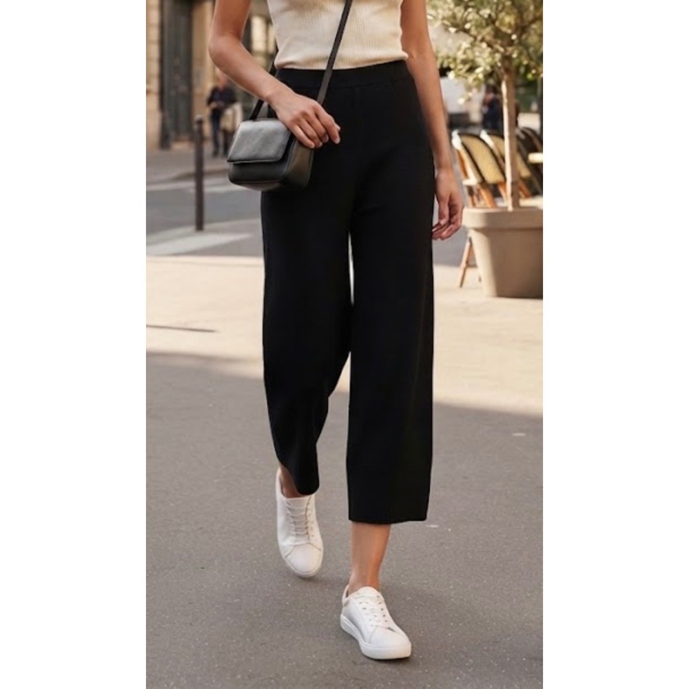 Anrabess Black Linen Blend Wide Leg Smocked Waist Pants with Pockets Medium